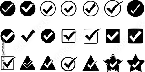Collection of Black and White Vector Icons for Checkmarks and Shapes symbol tick