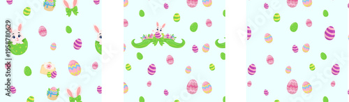 Cute Easter bunny and colorful eggs seamless patterns collection