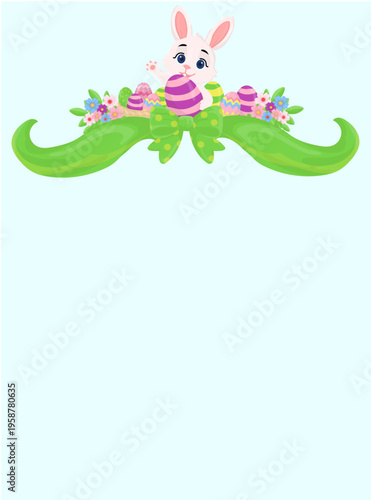 Happy Easter greeting card template with cute bunny and eggs vector