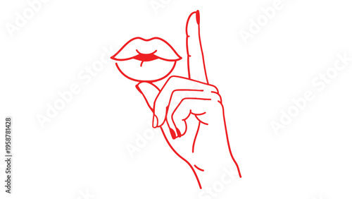 A red line drawing of a hand with a finger to lips symbolizing silence