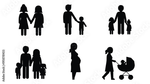Black silhouettes depicting various family structures and stages of life
