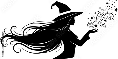 Silhouette of a woman wearing a witch hat with long flowing hair magic