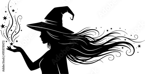 Silhouette of a woman wearing a witch hat with long flowing hair magic