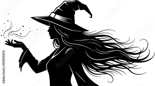Silhouette of a woman wearing a witch hat with long flowing hair magic
