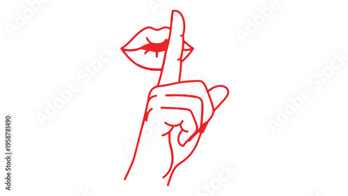 A red line drawing depicts a hand making a shush gesture with lips