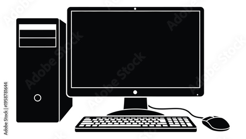 A black and white illustration of a desktop computer setup with monitor tower keyboard and mouse