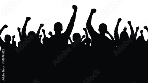 A crowd of silhouetted people raising their arms in a unified gesture