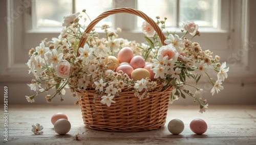 Easter basket filled with colorful eggs and flowers on table  