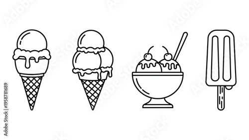 Line art illustration featuring various frozen dessert treats in black and white