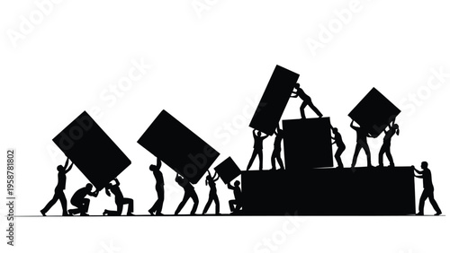 Silhouettes of people collaboratively lifting and stacking black cubic blocks