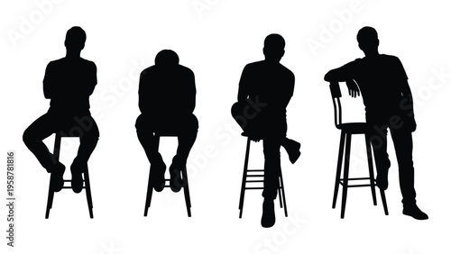 Silhouette of four men sitting in various postures on chairs
