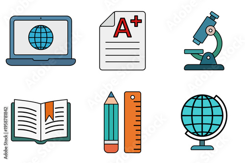 Set of flat vector education icons including laptop microscope globe book pencil ruler and grade paper