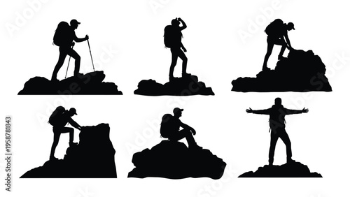 Silhouettes of hikers in various poses on rocky terrain depicting a mountain adventure