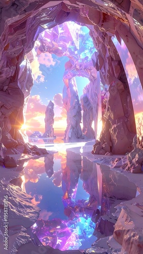 Surreal crystal cave opening to a vibrant sky reflected in calm water