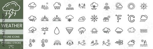 Weather and meteorology line icon set featuring sun cloud rain snow storm temperature and climate forecast more vector illustration on editable stroke.