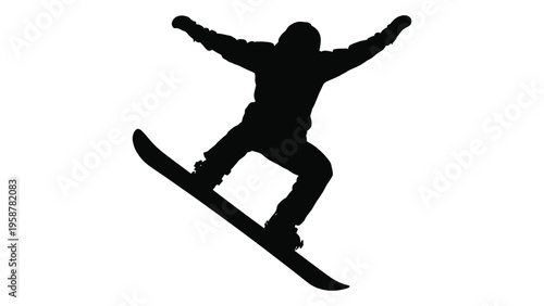 A silhouetted snowboarder performs an aerial trick mid air against a white background