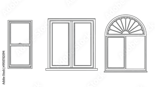 Architectural drawing of three different window designs in black and white