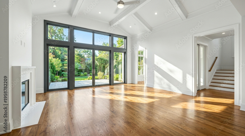 Fototapeta premium An open-concept living room with large windows and hardwood floors, bathed in natural light