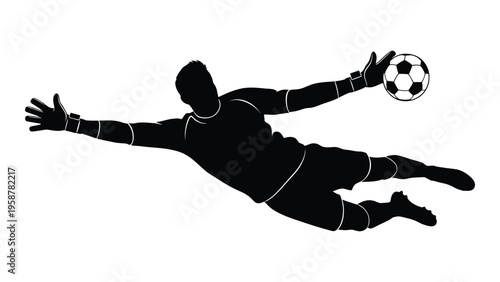 A dramatic silhouette of a soccer goalkeeper diving to intercept a ball
