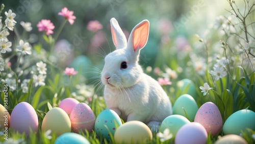 White rabbit sitting among colorful Easter eggs in a garden  