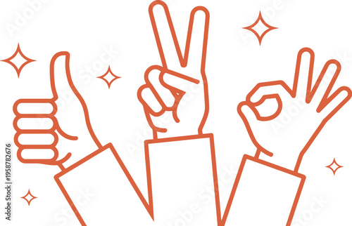 Hand Gesture Icon Set Featuring Thumbs Up, Raised Open Hand and OK Sign Symbols in Stylized Vector Illustration for Communication, Approval, Agreement and Social Interaction Design