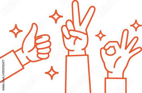 Hand Gesture Icon Set Featuring Thumbs Up, Raised Open Hand and OK Sign Symbols in Stylized Vector Illustration for Communication, Approval, Agreement and Social Interaction Design