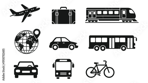Black silhouette icons representing various modes of transportation and travel elements
