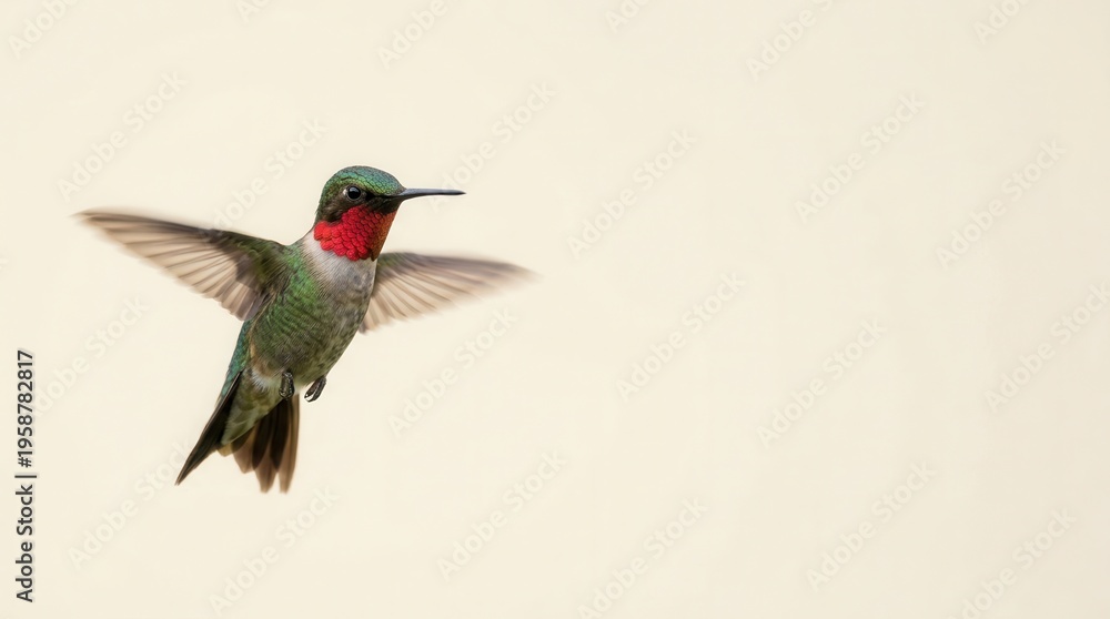 Fototapeta premium Ruby throated hummingbird hovering in mid-air, displaying iridescent green feathers and a vibrant red throat. Plain creamy background provides copy space.
