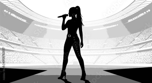 Female singer silhouette performing with microphone on stadium, design for concert posters, music app interfaces and vocal studio branding. Vector, transparent background EPS version.