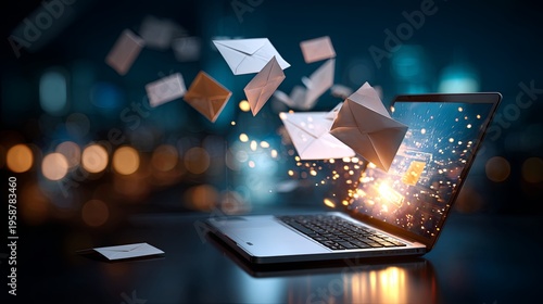 Envelopes flying out of a laptop screen with bright light. Email notification concept for digital communication and online messaging.