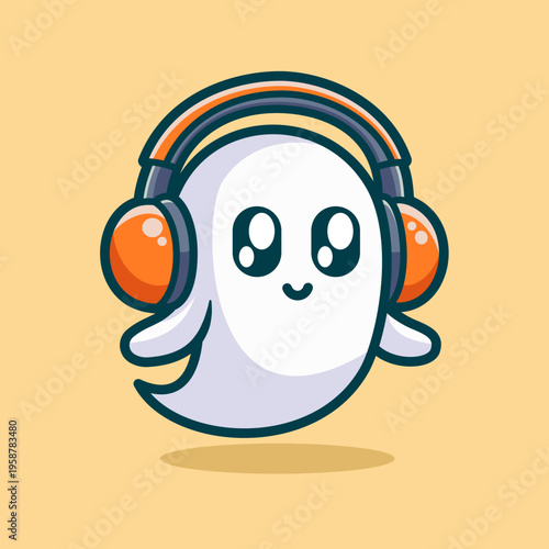 Cute Ghost With Headset Cartoon Vector Art, Illustration and Graphic