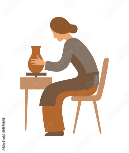 Female potter sculpts a jug out of clay side view. Color vector minimalist illustration isolated on white background.