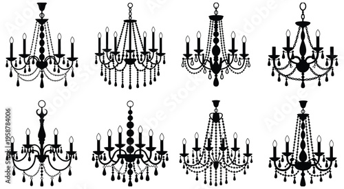 Chandelier Silhouette Set Featuring Antique Ceiling Lamps with Candles, Ornate Crystal Lighting and Black Vector Interior Decoration Elements for Classic Luxury Design