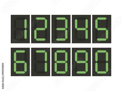 暗い背景に並ぶグリーンのデジタル7セグメント数字0-9セット