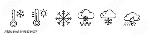 Winter weather and temperature line icon set featuring thermometer snowflake rain and thunderstorm for seasonal forecast more vector illustration on editable stroke.