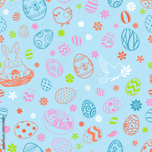 Easter seamless pattern with eggs, bunnies, chicks, flowers on light blue background for holiday design.