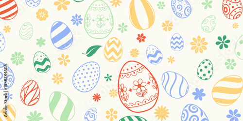 Colorful Easter eggs and flowers on cream background with blue, green, yellow, orange and red hues.