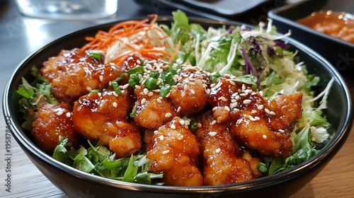 Wallpaper Mural Delicious spicy korean fried chicken with salad and sesame seeds in a black bowl on wooden table Torontodigital.ca