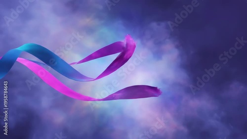 Abstract colorful ribbons flowing through a cloudy sky background