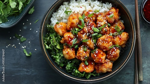 Wallpaper Mural Spicy korean fried chicken with rice and greens in a bowl served with chopsticks on a dark table ready to eat Torontodigital.ca