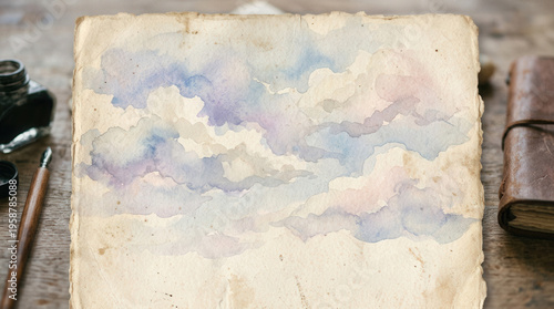 Vintage Watercolor Sketchbook with Clouds and Sky Scene for Creative Art Projects