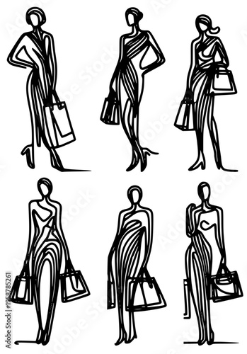 Set of abstract line sketches of girls with shopping bags, fashion silhouettes