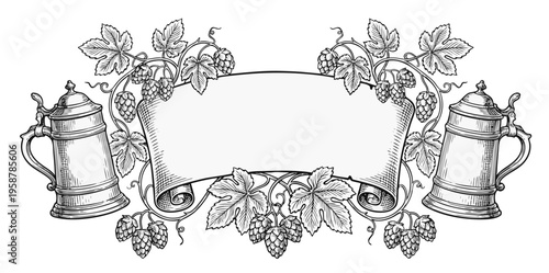 Vintage engraving beer mugs with hop vines and ribbon banner. Detailed black and white illustration for brewery labels.