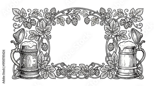 Decorative beer mugs with hop vines forming a vintage frame. Engraving style artwork.