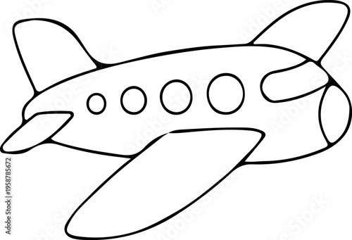 Cartoon airplane line art vector, hand drawn aircraft doodle for coloring book, simple passenger plane outline illustration for kids education
