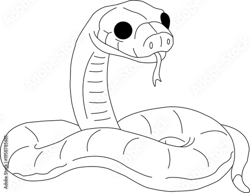 Minimalist snake line art vector, coiled serpent with flicking tongue, black and white reptile illustration for coloring book or logo design