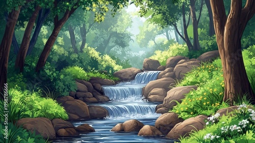 Wallpaper Mural Serene forest stream with waterfall surrounded by lush greenery and large rocks in a natural landscape Torontodigital.ca