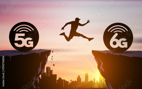 Concept of transition from 5G to 6G technology. Man jumping between platforms symbolizing innovation and progress. Sunset background with future network evolution and wireless communication 6G concept