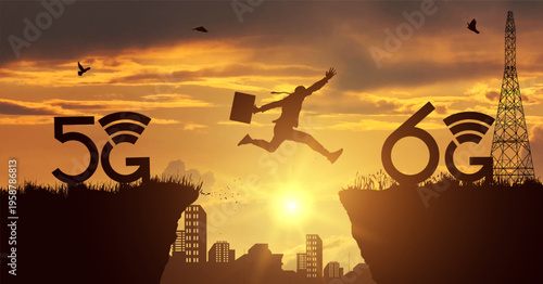 Concept of moving from 5G to 6G technology with tower symbol. Young man jumping between banks represents transition to new era. Innovation, progress and future wireless communication concept