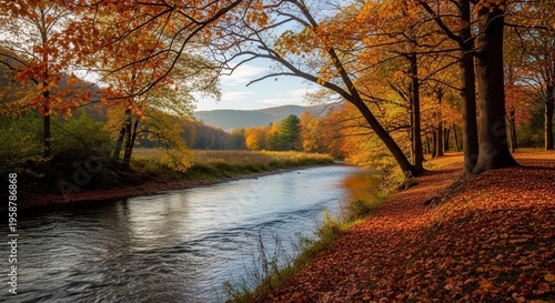 Serene Autumn Landscape with Calm River and Colorful Foliage in Nature